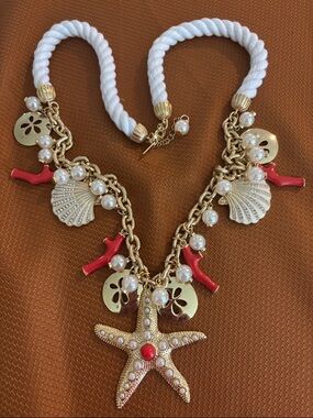Lilly Pulitzer Gold-Tone Nautical Charm Necklace with White Rope and Red Accents